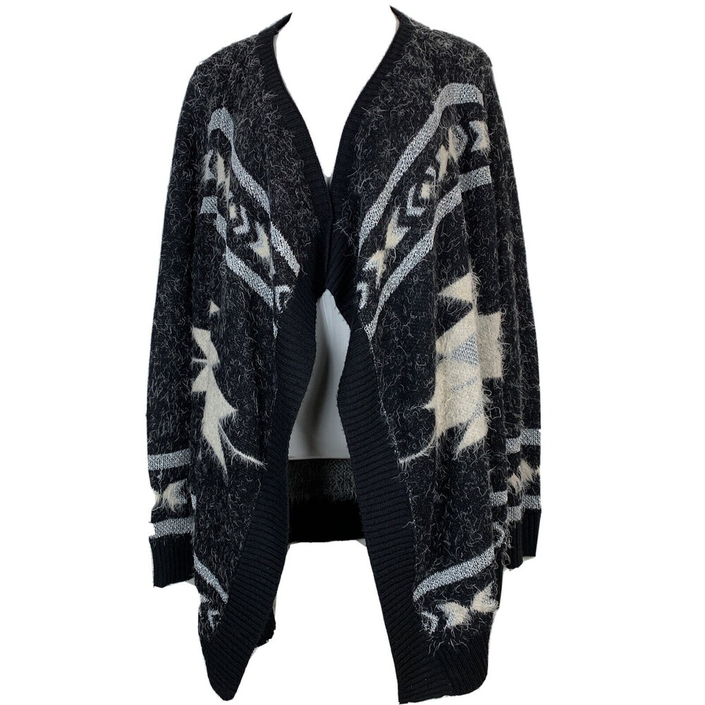 BCBG MAXAZRIA Cardigan Sweater Top Aztec Open Drape Black Silver Long Sleeve L